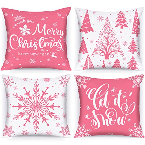 Lanpn White and Pink Christmas Throw Pillow Covers 18x18 Set of 4, 18 inch Decorative Xmas Cushion Covers Pillow Cases for Home Bedroom Room Holiday Couch Decor Decorations