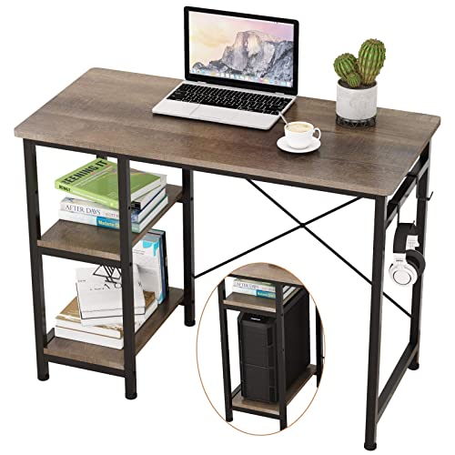 Engriy Writing Computer Desk 39', Home Office Study Desk with 2 Hooks and Storage Shelves on Left or Right Side, Industrial Simple Workstation Wood Table Metal Frame for PC Laptop, Black Oak