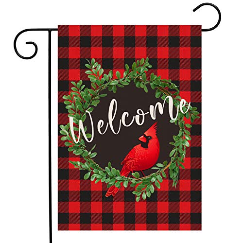 Cardinal Christmas Garden Flag 12.5 x 18 Inch | Outdoor Christmas Decorations Wreath Welcome Garden Flag | Buffalo Check Plaid Winter Yard Flag Double Sided | Holiday Outdoor Flags