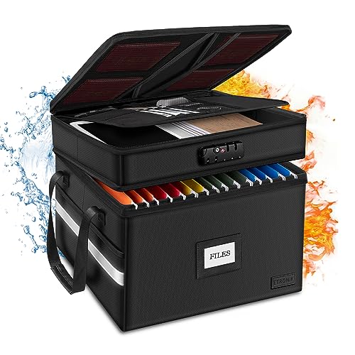 Fireproof Document Box with Lock, ETRONIK 2 Layer File Organizer with 5 Tab Inserts, Portable Office Collapsible File Storage with Reflective Strip for Hanging Letter/Legal Size Folder/Certificate