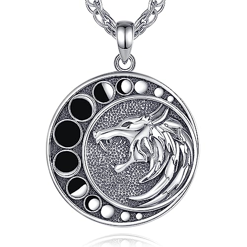 CELESTIA Witcher Medallion Necklace Wolf Jewelry Viking Therian Necklace for Men Women 925 Sterling Silver Norse Pagan Cool Werewolf Wolf Gifts for Husband Dad Father Norse Mythology