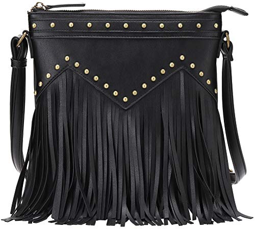 B BRENTANO Vegan Fringed Crossbody Bag with Studs (Black)