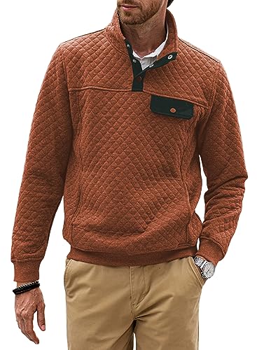 JMIERR Mens Quilted Sweatshirt Casual Long Sleeve Crewneck Half Button Fashion Pullovers Sweater Jackets with Pockets, US 38(S), Orange