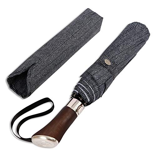 Balios (Designed in UK) Travel Umbrella Luxurious Golden Hardwood Handle Auto Open & Close Windproof Frame Single Canopy Automatic Folding Umbrella Men's & Ladies (Herringbone)