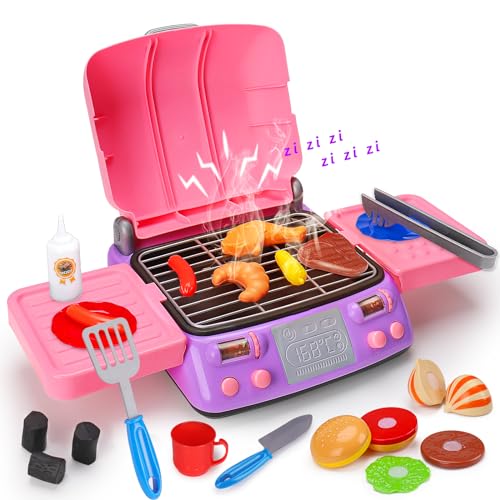Kids BBQ Grill Playset with Smoke Sound Light Play Kitchen Set Age 2-4 3-5 4-8 Pretend Food Barbecue Cooking Toy for 2 3 4 5 6 Year Old Girl Birthday