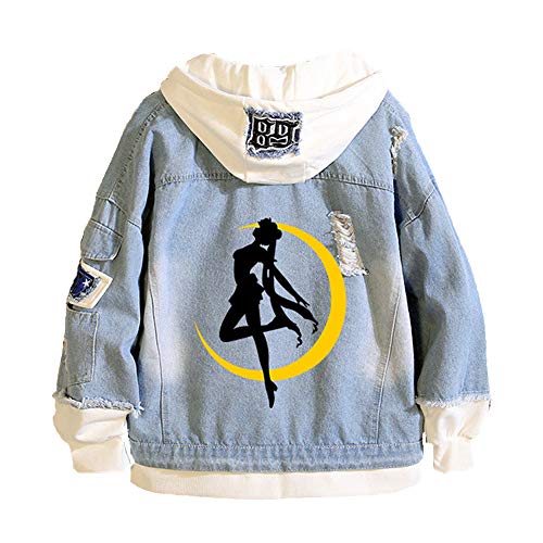 Tokisaki Anime Tsukino Cosplay Jeans Jacket Hooded Sweatshirt Men Trucker Jacket Women's Halloween Costumes (S, Blue-1)