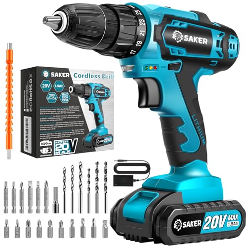 Saker Cordless Drill Set, 20V Electric Drill with Drill/Screwdriver Bits, 3/8-Inch Keyless Chuck, 2 Variable Speeds, 18+1 Torque Setting Battery Power Drilling Driver for Plastic, Wood, Metal, Screws