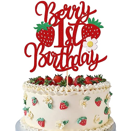 1 PCS Berry 1st Birthday Cake Topper with Flower Glitter Sweet Fruit Theme First Birthday Strawberry One Cake Pick for Strawberry Theme Baby Shower Kids 1st Birthday Party Cake Decorations Supplies