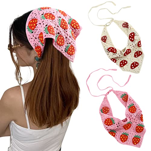 AWAYTR Crochet Bandana Head Kerchief Hair Scarf 2Pcs Knitted Scarves Tie Bcak Floral Headwrap for Women Girls (Strawberry Mushroom (pink+beige))