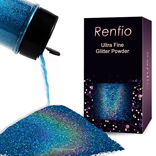 Renfio Holographic Ultra Fine Glitter Powder Metallic Resin Glitter 1.75 Oz (50g) PET Flakes Crafts Sequins 1/128' 0.008' 0.2mm Epoxy Chips Flakes for Tumblers Slime - Laser Blue