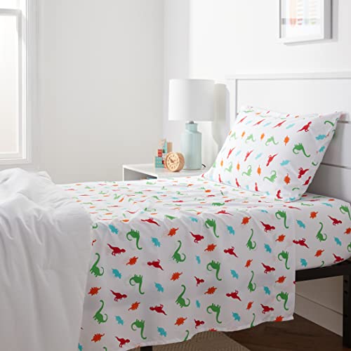 Amazon Basics Kid's Soft Easy-Wash Lightweight Microfiber 3-Piece Sheet Set, Twin, Multi-Color Dinosaurs, Animal Print