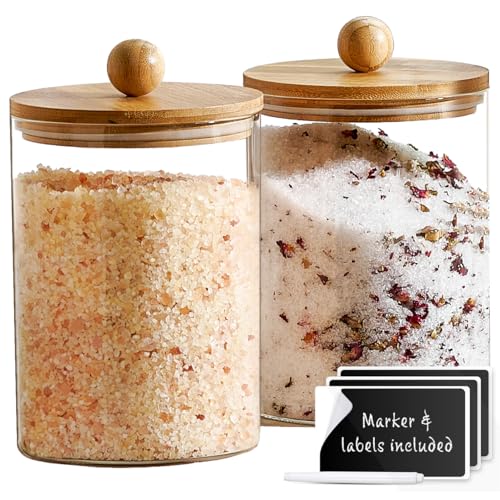 Set of 2 Large Glass Canisters for Kitchen Counter with Airtight Bamboo Lids + Marker & Labels - Cookie Jars with Wooden Lid, Food Storage Containers for Pantry, Flour Pasta Candy Coffee Pods - 68oz.