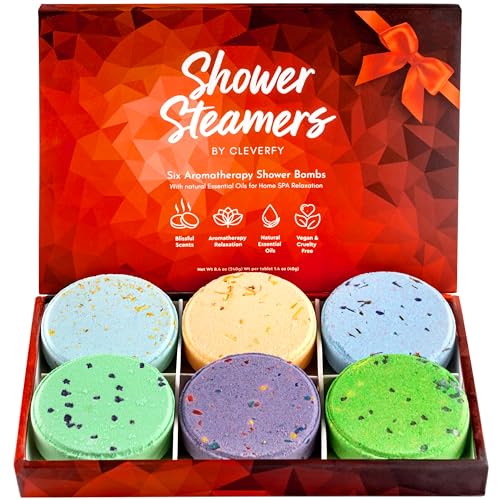 Cleverfy Shower Steamers Aromatherapy - Variety Gift Box of 6 Shower Bombs with Essential Oils.Self Care Christmas Gifts for Women and Stocking Stuffers for Adults and Teens. Red Set