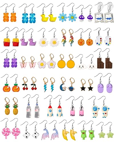 LUYI 35 Pairs Cute Fun Earrings Weird Aesthetic Kawaii Funny Indie Unique Cool Star Moon Earrings for Girls Women Gummy Bear Duck Mushroom Fruit Food Flowers Boba Goldfish Earrings Bulk