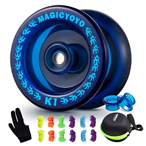 MAGICYOYO Responsive YoYo K1 Tug Return Yoyo, Hubstacks Yoyo for Kids Beginners with Yoyo Storage Bag + 12 Yoyo Strings +Yo-Yo Glove +2 Yoyo Hubstacks (Blue)