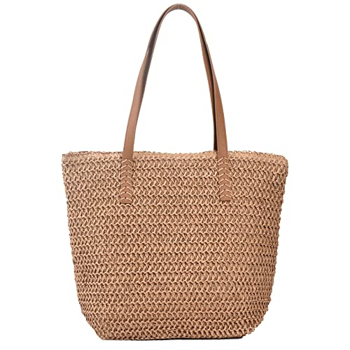 Large Straw Beach Bag for Womens, Straw Handbag Woven Tote Bag With Zipper Summer Straw Shoulder Bag