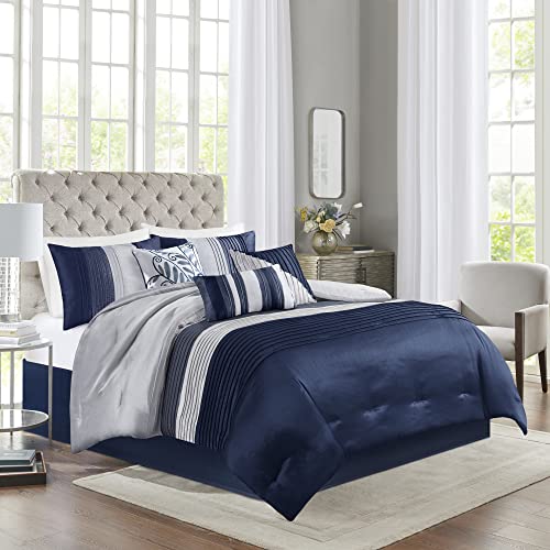 Madison Park Amherst Faux Silk Comforter Set-Casual Contemporary Design All Season Down Alternative Bedding, Matching Shams, Bedskirt, Decorative Pillows, Queen(90'x90'), Navy, 7 Piece (MP10-2207)
