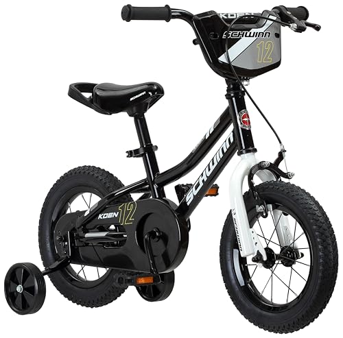 Schwinn Koen & Elm Toddler and Kids Bike, For Girls and Boys, 14-Inch Wheels, BMX Style, With Saddle Handle, Training Wheels Included, Chain Guard, and Number Plate, Black