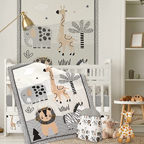 4 Piece Woodland Forest Animals Crib Bedding Set, Including Jungle Safari Crib Skirt, Blanket, Crib Sheet and Diaper Stacker, Soft Neutral Nursery Standard Size Baby Bedding for Baby Girls and Boys