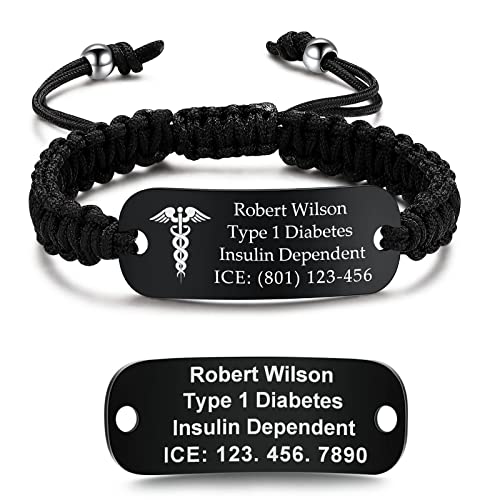 Medical Alert Bracelets for Women & Men | Custom Medical Bracelets for Women with Handmade Nylon Braided Rope | Free Engraved Medical ID Bracelets for Men with Stainless Steel Black Curved Card