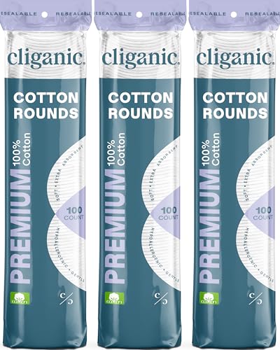 Cliganic Premium Cotton Rounds for Face (300 Count) - Makeup Remover Pads, Hypoallergenic, Lint-Free | 100% Pure Cotton (Packaging May Vary)