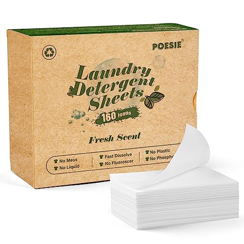 Poesie Laundry Detergent Sheets Fresh Scent 160 Sheets Clear Plastic-Free Hypoallergenic Liquid Less Sheets for Home Dorm Travel Camping & Hand Washing Clean No Waste