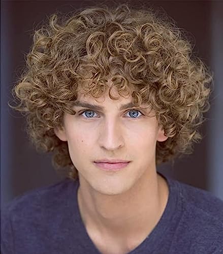 Dai Cloud Mens Light Brown Curly Wig Short Fluffy Brown Rocker Wigs Synthetic Halloween Cosplay Costume Hair Wigs For Male Guys (Light Brwon)