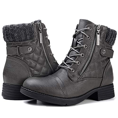 STQ Women's Combat Boots Non-Slip Soft Sole Winter Ankle Booties Grey 8