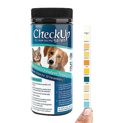 CheckUp 10 Parameters Urine Test Strips for Cat and Dog x 50, Monitoring pet Health, Detects Urobilinogen, Glucose, Bilirubin, Ketone, Specific Gravity, Blood, pH, Protein, Nitrite, Leukocytes
