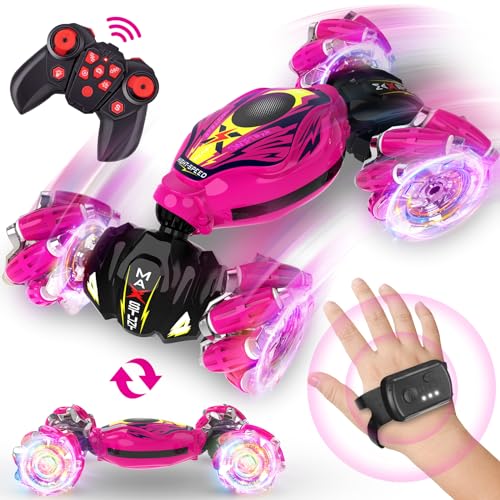 Cusocue Gesture Sensing RC Stunt Car, 2.4GHz Hand Controlled RC Toys Car, Remote Control Car with Light Music, 360° Rotation Gesture Sensor Toys for 3 4 5 6 7 8 Year Old Kids Girls Boys Gifts (Pink)