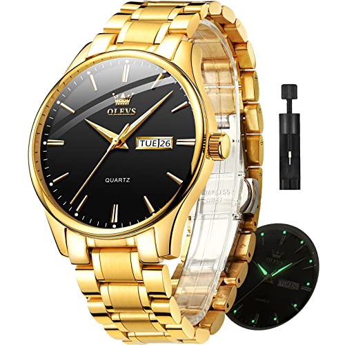 OLEVS Fashion Mens Gold and Black Watches with Day Date Wrist Watch for Men Gold Waterproof Stainless Steel Dress Man Watch Luminous Big Dial Wrsitwatches Casual Male Watch Calendar Reloj para Hombre