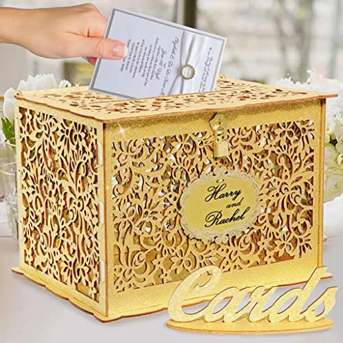 OurWarm Gold Wedding Card Box for Wedding Reception, Glittery Wooden Card Boxes with Lock, Gift Card Box Money Holder for Reception Anniversary Shower Rustic Wedding Decorations Birthday Graduation