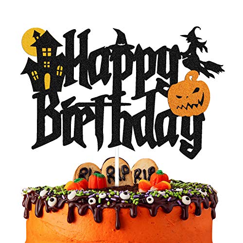 YOYMARR Halloween Cake Topper Halloween Happy Birthday Cake Decorations for Halloween Wizard Ghost Pumpkin Themed Birthday Party Supplies Black Sparkle Decor