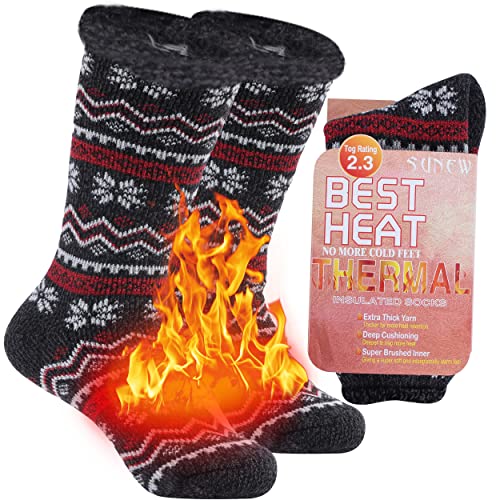 Sunew Thermal Crew Hunting Socks,Women's Outdoor Activities Athletic Warm Fluffy Socks for Extreme Temperature,Comfort Extra Thick Slipper Hiking,Camping,1 Pair Black Medium