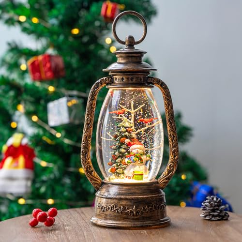 SUNFACE 12' Christmas Snow Globe, Rotating Snow, with Timer, Singing, Flashing Water Lights, USB/Battery Decoration (Snowman Christmas Tree)