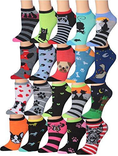 Tipi Toe Women's 20 Pairs Colorful Cat's & Dog's Fun Patterned Low Cut/No Show Socks Size 9-11, WL22-AB-T1
