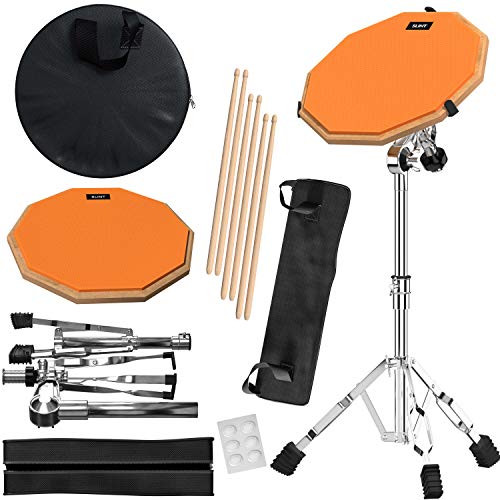 SLINT Drum Pad Stand Kit - Practice Drum Pad Set with 2 Surfaces -12 inch Double Sided Silent Drum Pad & 4' Snare Drum - Drum Pad w Stand & Drumsticks