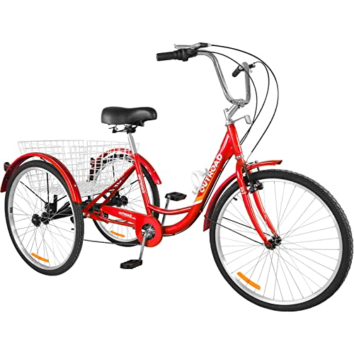 Outroad Adult Tricycle, 24/26 inch 7 Speed Cruiser Trike, 3 Wheel Bikes with Large Basket for Seniors, Women, Men, Adult Trikes for Shopping Picnic Outdoor Sports, Red and Bule (26 Inch-red)