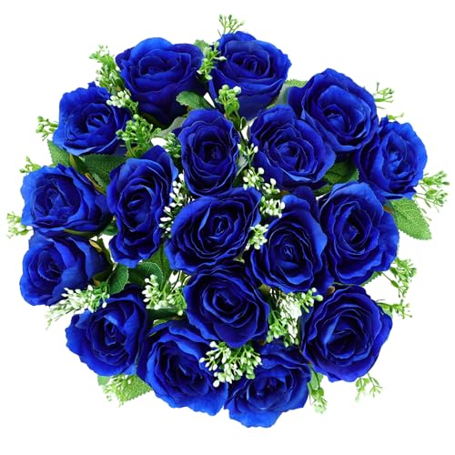 bocola Cemetery Artificial Flowers for Grave Decorations 1 Silk Faux Flower for Grave Vase 18 Blue Rose Fake Flowers for Outdoor Headstones Tombstone Decor Memorial Sympathy for Loss Loved One