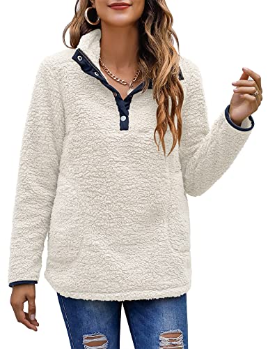 Bashafo Women’s White Long Sleeve Tops Sherpa Pullover with Soft Button Collar, Lightweight Fleece Sweatshirt with Pockets White Medium