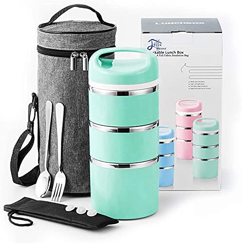 Lille Home Stackable Stainless Steel Thermal Compartment Lunch/Snack Box, 3-Tier Insulated Bento/Food Container with Upgraded Lunch Bag, Portable Cutlery Set and 3 Extra Silicone Seals, 43OZ (Gray)