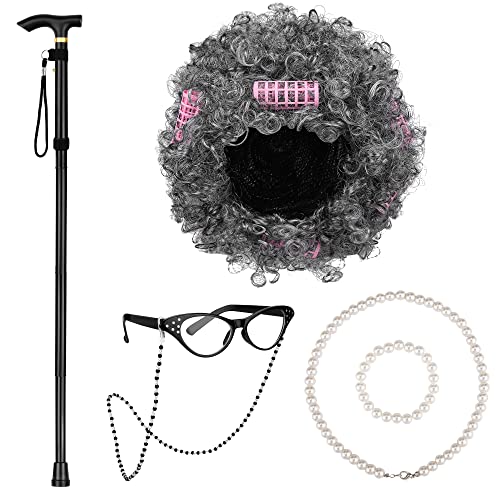 ADXCO 6 Pieces Halloween Old Lady Wig Halloween Party Costume Cosplay Set Cane Curling Irons Cat Eye Glasses Pearl Necklace Bracelet, Light Gray