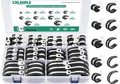 OURU 110PCS Cable Clamps Assortment Kit,10 Sizes—1/4' 5/16' 3/8' 1/2' 5/8' 3/4' 1' 1-1/4' 1-1/2' 1-3/4' Stainless Steel Rubber Coated Cushioned Insulated Cable Clamp,Automotive Wire Pipe Clamps