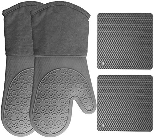 HOMWE Silicone Oven Mitts and Pot Holders, 4-Piece Set, Heavy Duty Cooking Gloves, Kitchen Counter Safe Trivet Mats, Advanced Heat Resistance, Non-Slip Textured Grip, Gray