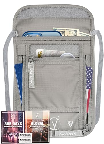 Premium Neck Wallet Travel Pouch and Passport Holder, RFID Protected, Fits Passport with cover, Includes Global Recovery Tags. Passport Holder Neck For Men and Women (Light Gray)