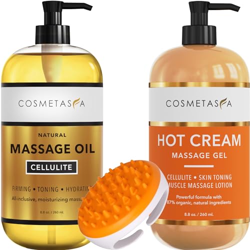 Cellulite Massage Oil, Gel & Mitt - Natural Hot Cream Massage Gel, Oil & Massager - Firm, Tone, Tighten & Moisturize Skin. Soothes Muscles