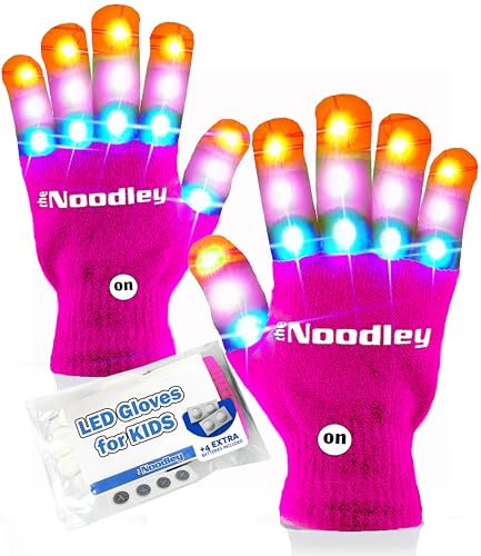 The Noodley Pink Light Up LED Gloves for Kids, Girls and Boys Glowing Flashing Orange, Pink, and Blue Easter Toy - Kid Sized Ages 4,5,6,7 Year olds (Small, Pink)