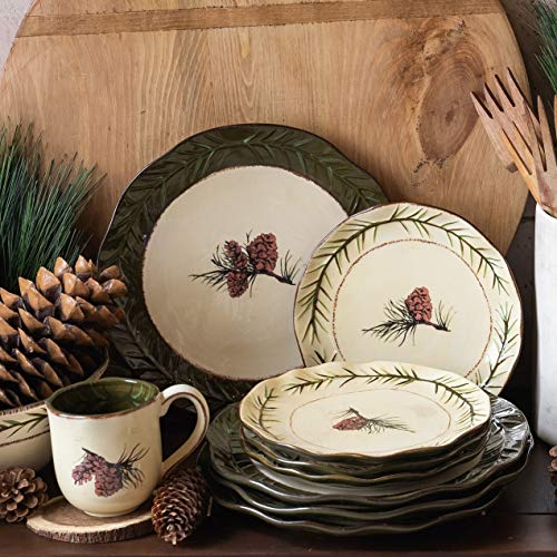 Paseo Road by HiEnd Accents | Rustic Dinnerware Set Pinecone Ceramic 16 Piece Forest Pine Cones Theme Dishware Set with Dinner Plates, Bowls, Salad Plates, Coffee Mugs, Log Cabin Dish Set for 4
