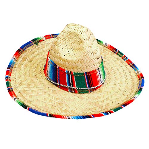 GiftExpress 1 Pack of 15.5' Wide Child Mexican Sombrero Hat with Serape Trim, Cinco de Mayo Straw Hat, Childs Mexican Sombrero Costume Hat