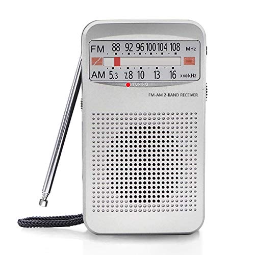 FUHONGYUAN AM FM Portable Pocket Radio, Compact Transistor Radios - Best Reception, Loud Speaker, Earphone Jack, Long Lasting, 2 AA Battery Operated (Silver)